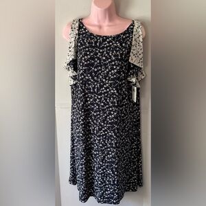 Chaps Navy and white Floral Midi Dress large flutter short sleeve pull over